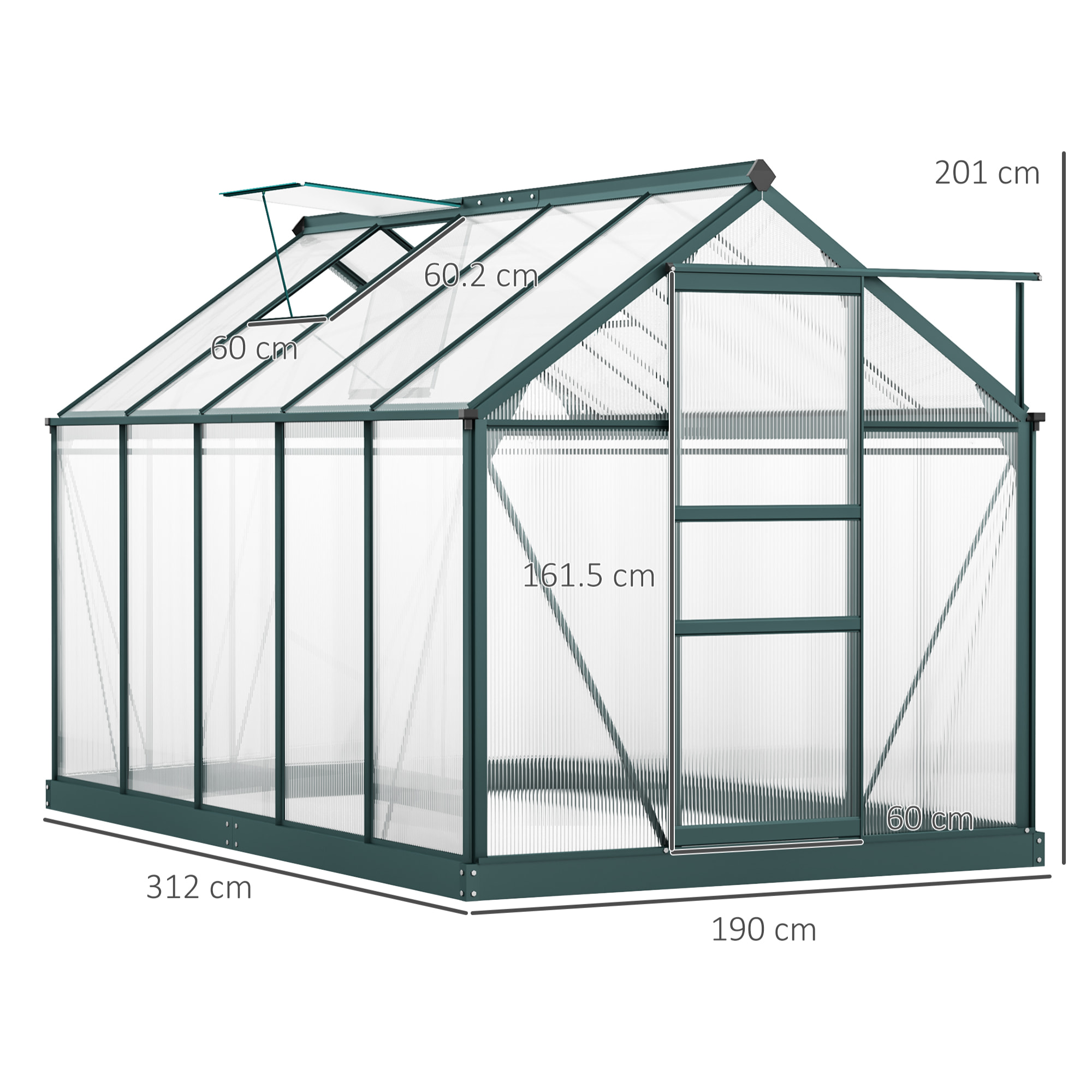 Outsunny Serra da Giardino in Policarbonato Anti UV 190x312x201cm con Finestra e Porta Scorrevole, in Alluminio