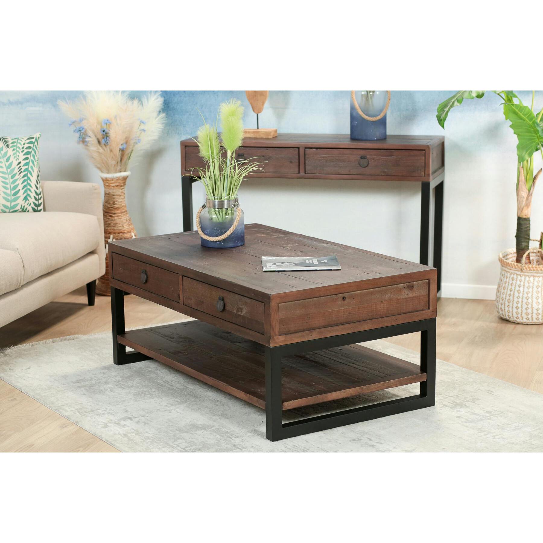 Table basse bois recyclé double plateau 2 tiroirs SAMOA