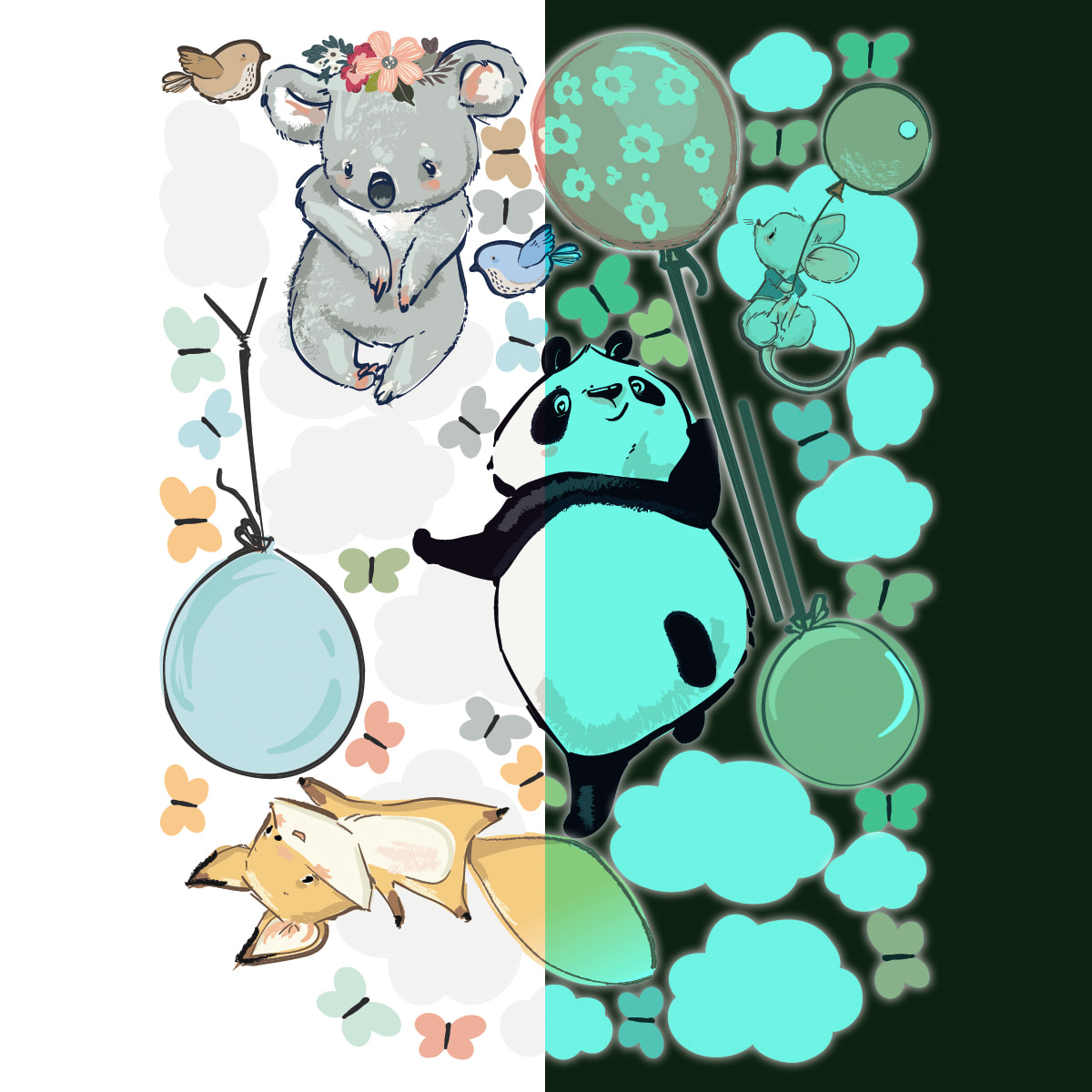 Sticker phosphorescent lumineux - ANIMAUX HEUREUX VOLANTS
