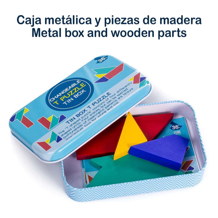 Puzzle in legno presentato in una scatola di metallo. Include libretto con 48 sfide.