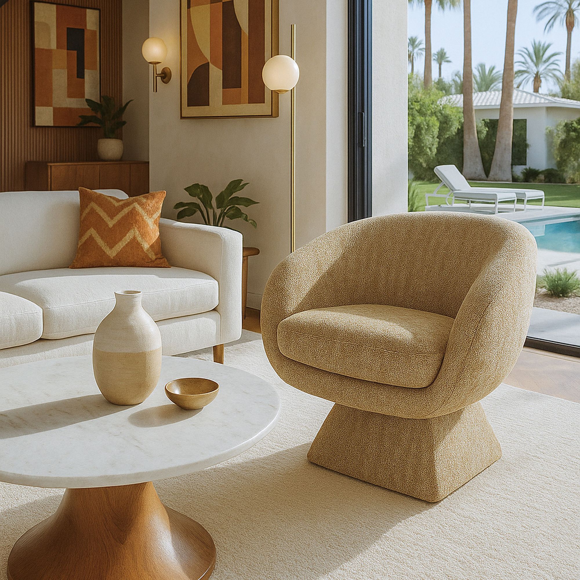 Fauteuil pivotant en tissu tweed ocre chiné SIXTIES