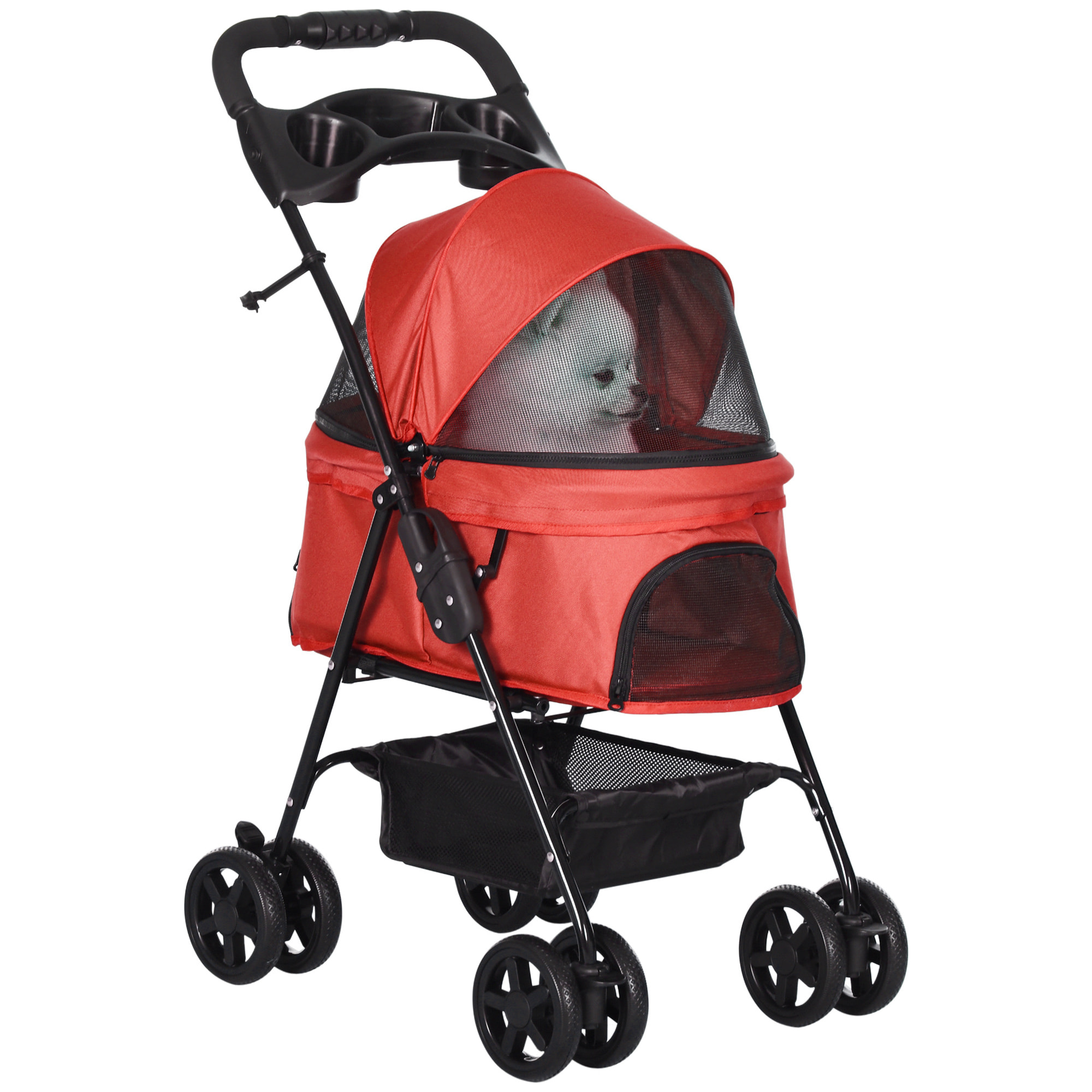 Poussette buggy pliable chien chat panier rangement porte-gobelets tissu 300D Oxford imperméable 4 roues rouge