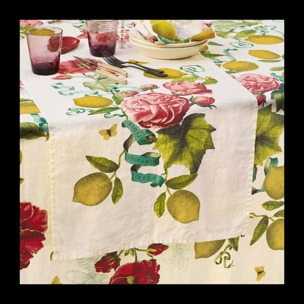 Chemin de table lin & coton lavé 190 g/m² imprimé multicolore Citrons de menton romance