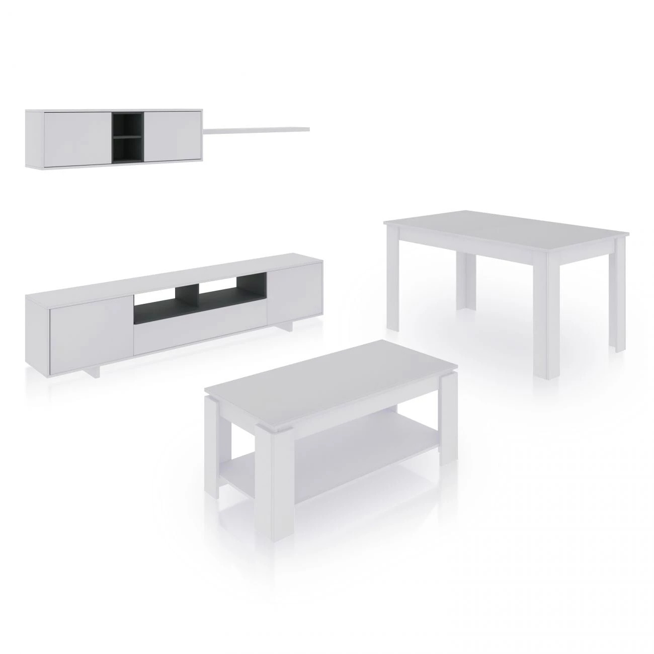 Pack salón con mesa de centro y mesa de comedor Kenzo Max V1A Blanco Brillo - Gris Antracita