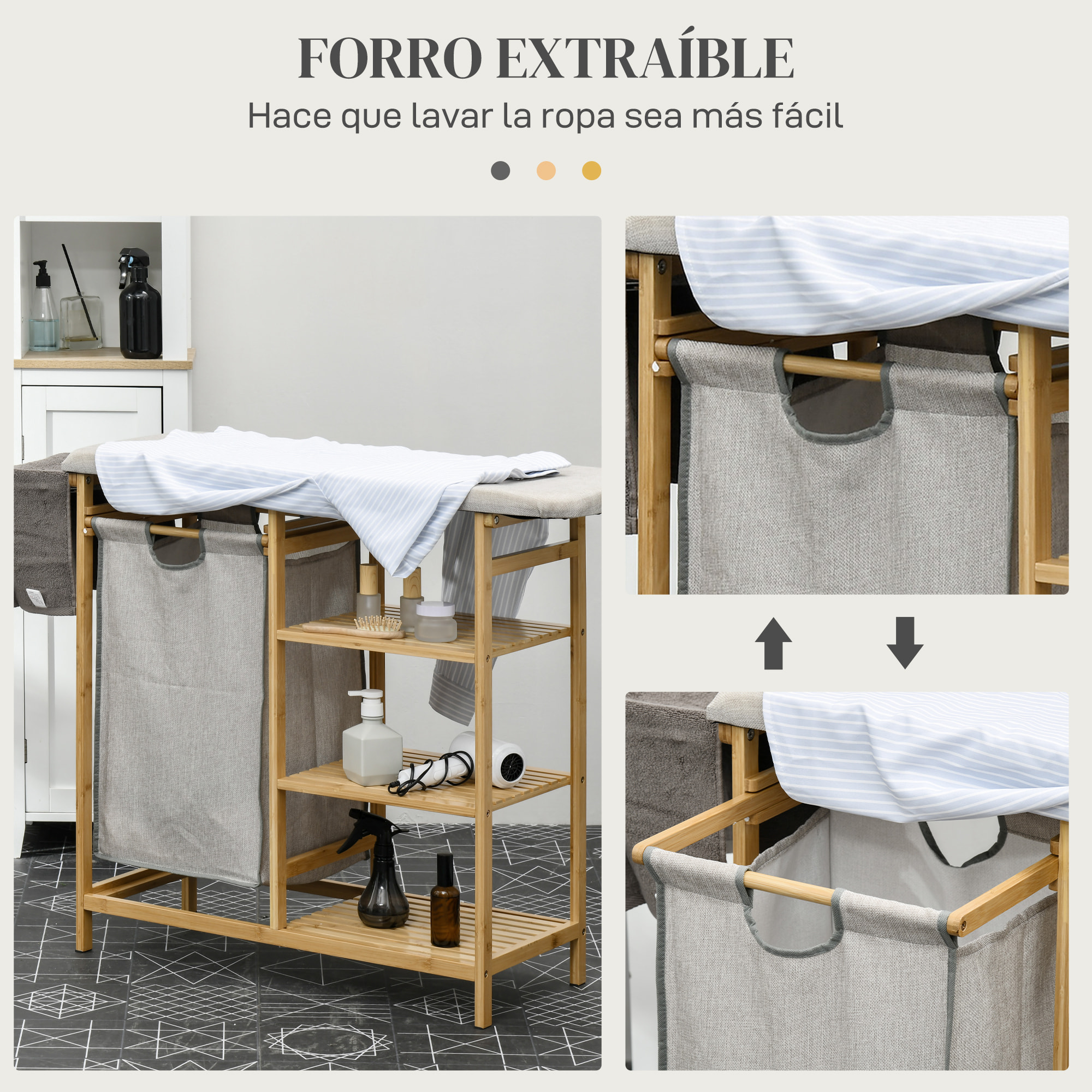 Cesto de Ropa Sucia 57,4L, Cesta Ropa Sucia de Bambú con Tabla de Planchar, Soporte para Plancha, 3 Estantes y Bolsa Extraíble, Estantería de Baño para Lavandería, 113x34x82 cm, Natural