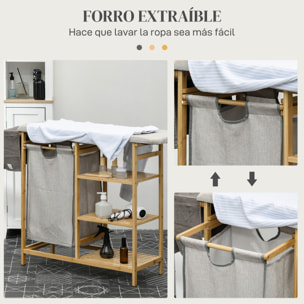 Cesto de Ropa Sucia 57,4L, Cesta Ropa Sucia de Bambú con Tabla de Planchar, Soporte para Plancha, 3 Estantes y Bolsa Extraíble, Estantería de Baño para Lavandería, 113x34x82 cm, Natural