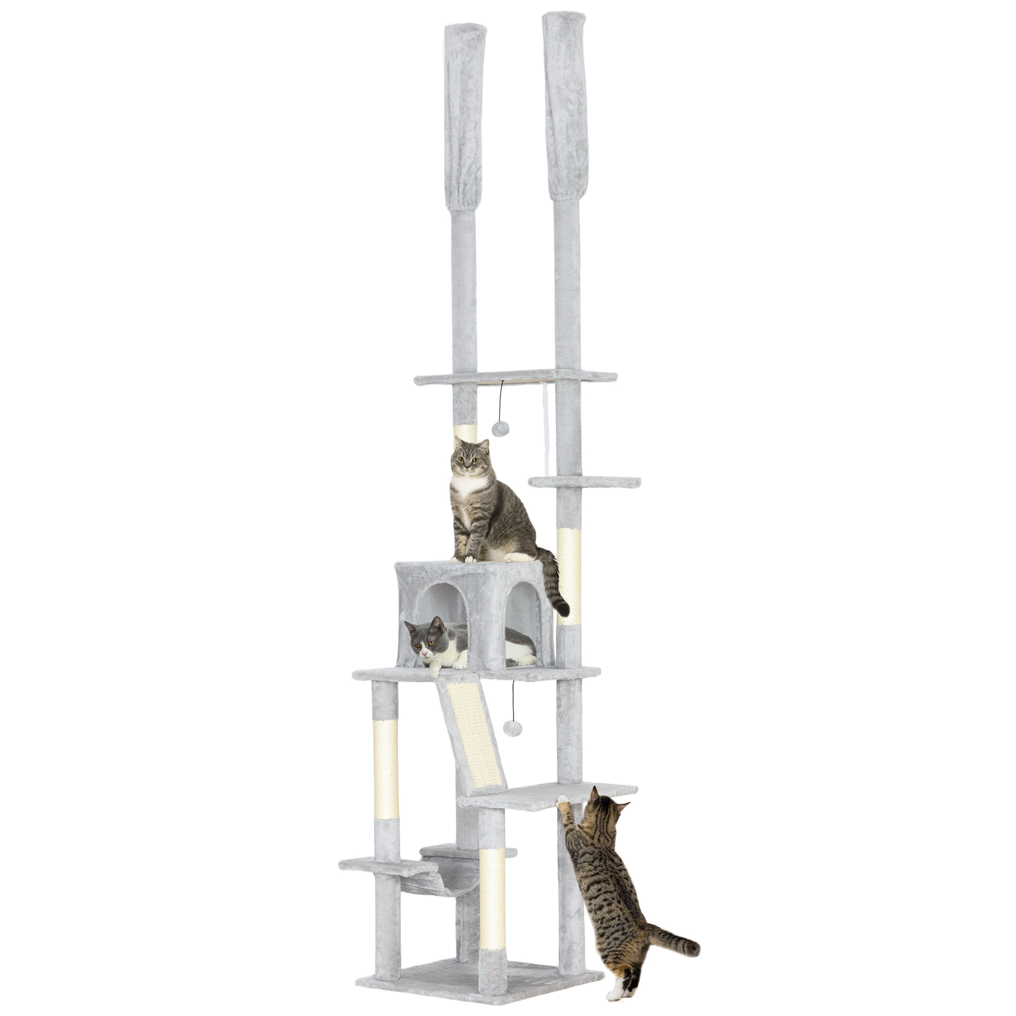 Arbre à chat du sol au plafond XXL, hauteur réglable 225-255 cm, griffoir pour chat en sisal à 6 niveaux avec niche, hamac, plates-formes, échelle et 2 pompons suspendues, gris clair