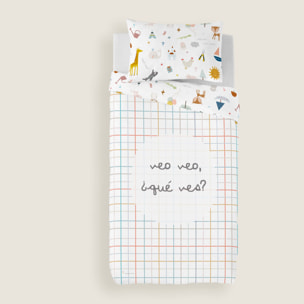 Funda Nórdica Estampada - Reversible - Infantil - Cierre Solapa - 100% Algodón - Incluye 1 Funda de Almohada - Veo Veo