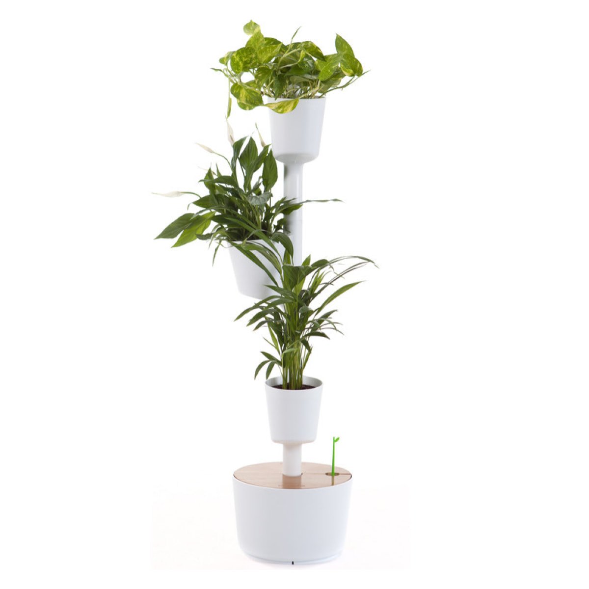 Jardinera vertical inteligente con plantas de interior; blanca de 3 macetas con autoriego