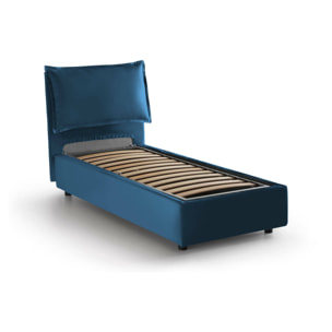 Letto singolo Luna, Letto contenitore con rivestimento in tessuto, 100% Made in Italy, Apertura laterale, adatto per materasso Cm 80x190, Blu