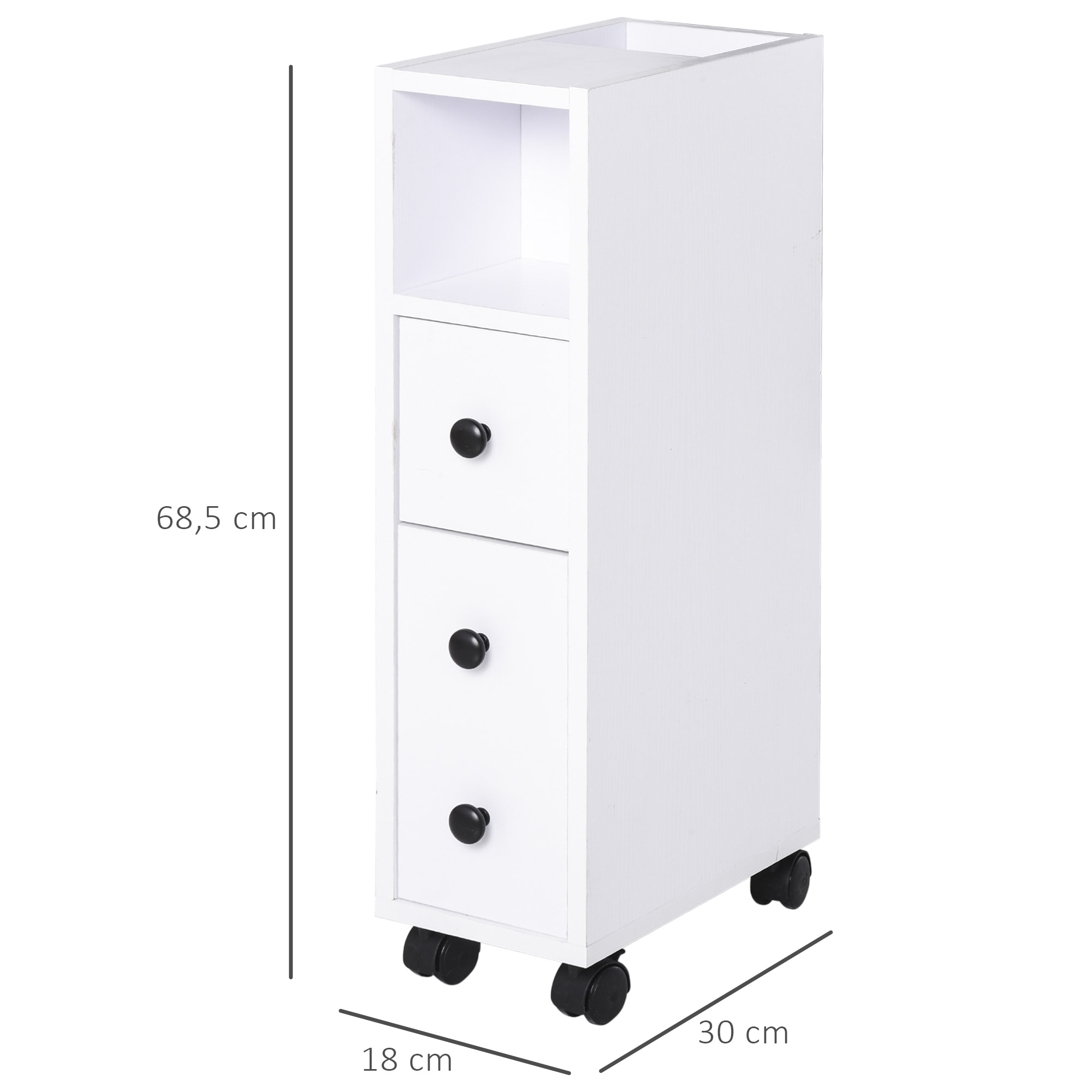 Meuble bas colonne rangement salle de bain à roulettes blanc dim. 18L x 30l x 68,5H cm