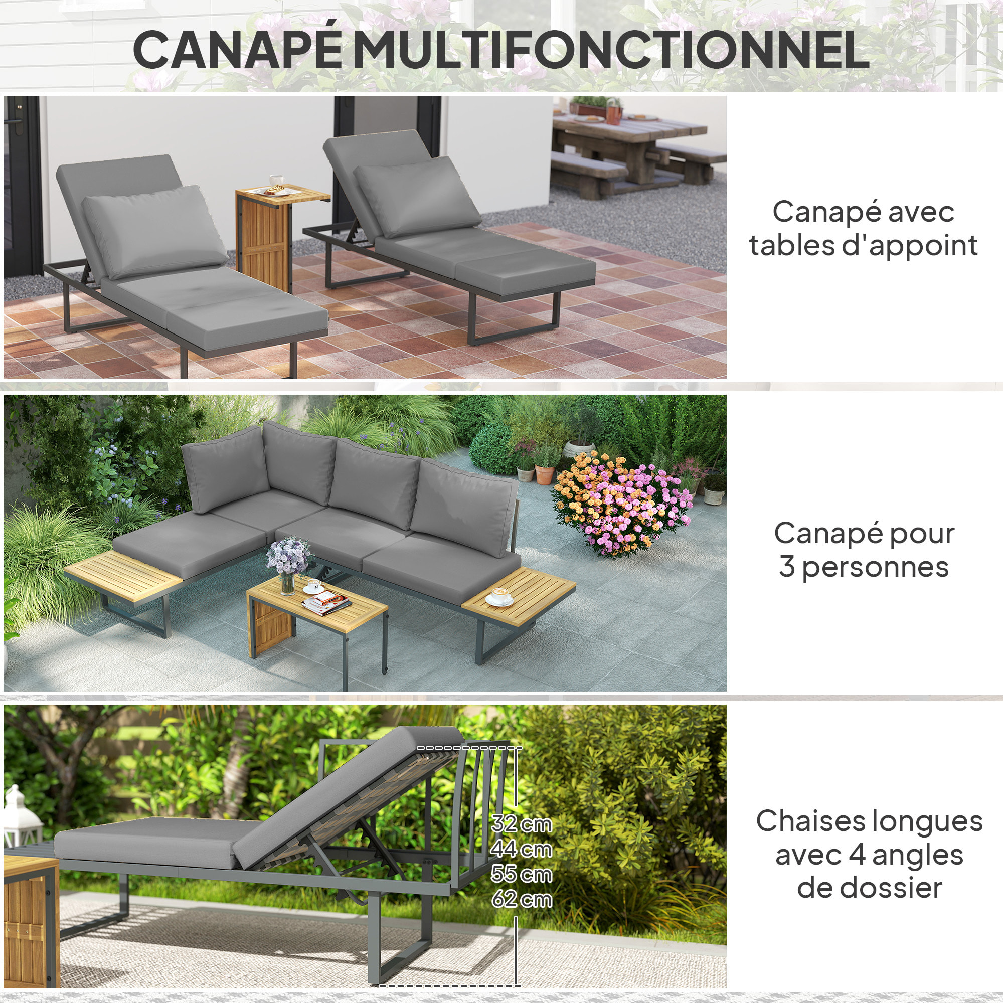 Ensemble salon de jardin 4 places modulable réglable avec table basse acier gris bois d'acacia verni