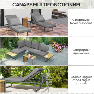 Ensemble salon de jardin 4 places modulable réglable avec table basse acier gris bois d'acacia verni