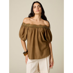 Oltre - Blusa off shoulders con pizzo - Marrone