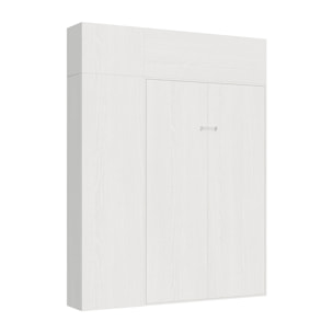 Armoire Lit escamotable vertical double 140 KENTARO Frêne Blanc avec colonne de rangement et deux éléments hauts