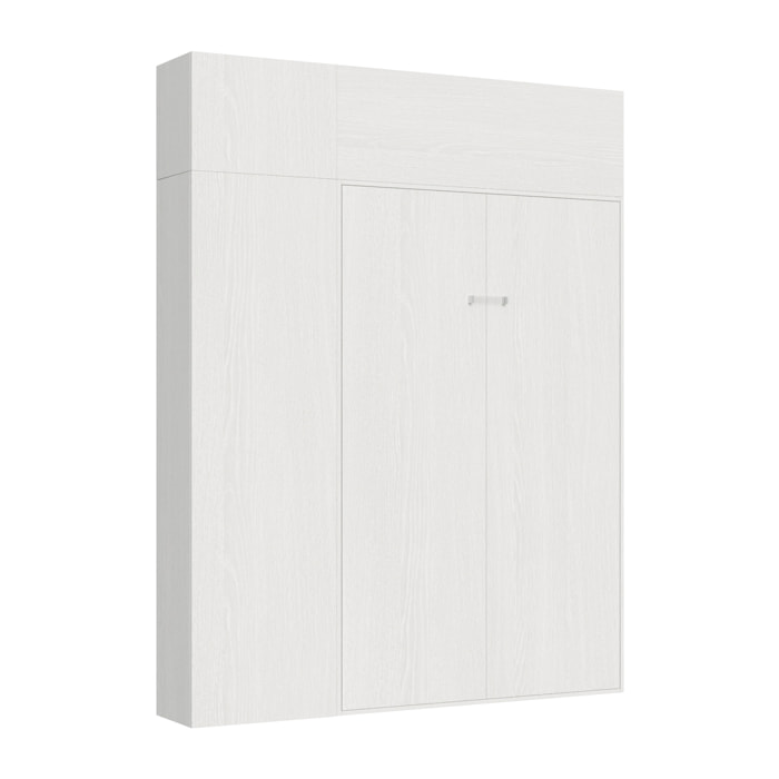 Armoire Lit escamotable vertical double 140 KENTARO Frêne Blanc avec colonne de rangement et deux éléments hauts