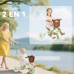Triciclo para Bebés 2 en 1, Triciclo Evolutivo, 2-5 Años, con Barra Parental Ajustable, Pedales Antideslizantes, Reposapiés Plegables y Cesta, para Niños y Niñas, Verde
