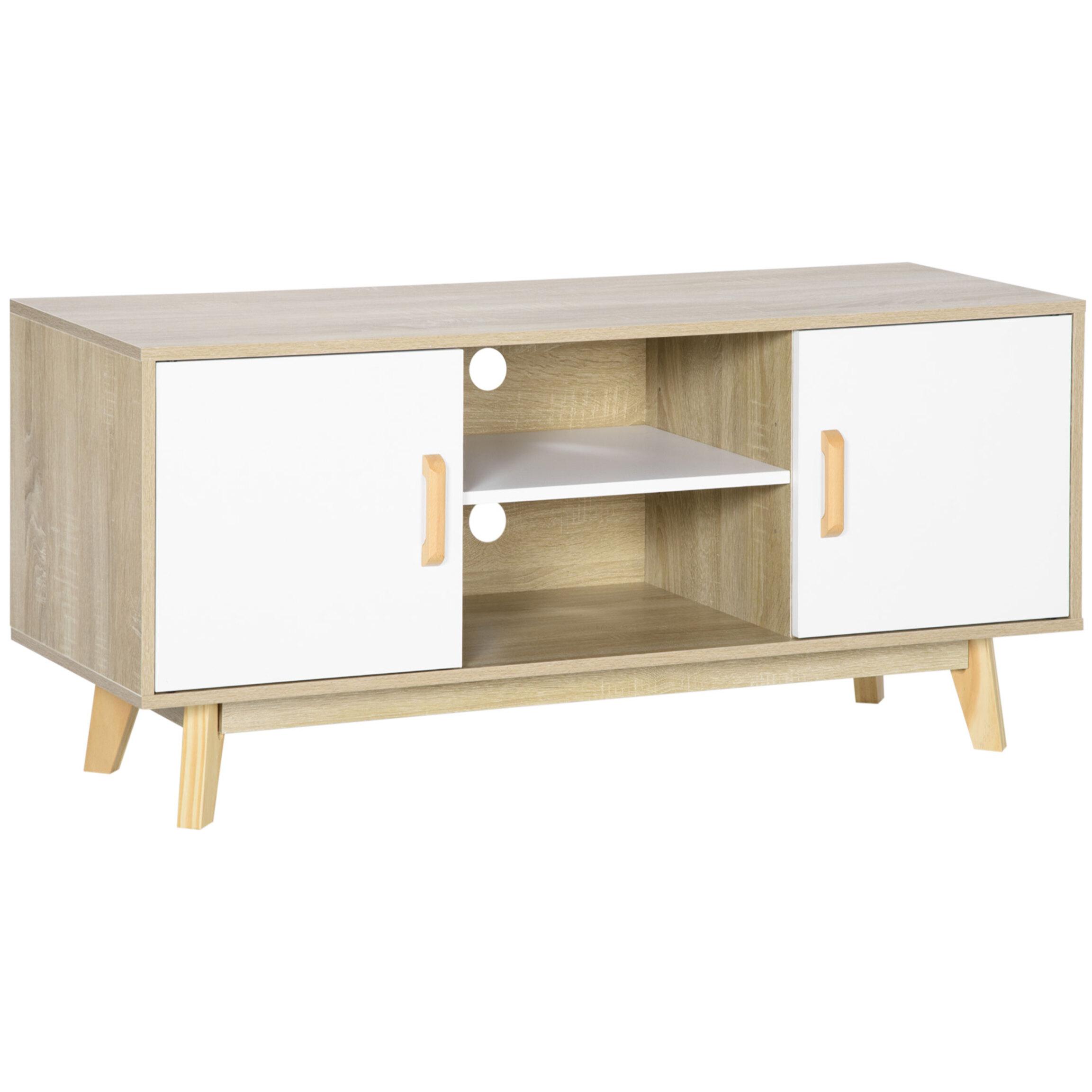 HOMCOM Mueble de TV para Televisores de hasta 55 Pulgadas Mesa para TV de Salón Moderna con 2 Puertas 2 Estantes Abiertos y Balda Interior Ajustable para Dormitorio 120x40x55 cm Natural y Blanco