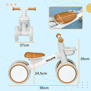 Bicicleta sin Pedales para Niños de 12-36 Meses Bicicleta de Equilibrio con Asiento Ajustable Cesta y 4 Ruedas Silenciosas Carga 20 kg 56x27x39 cm Blanco y Marrón