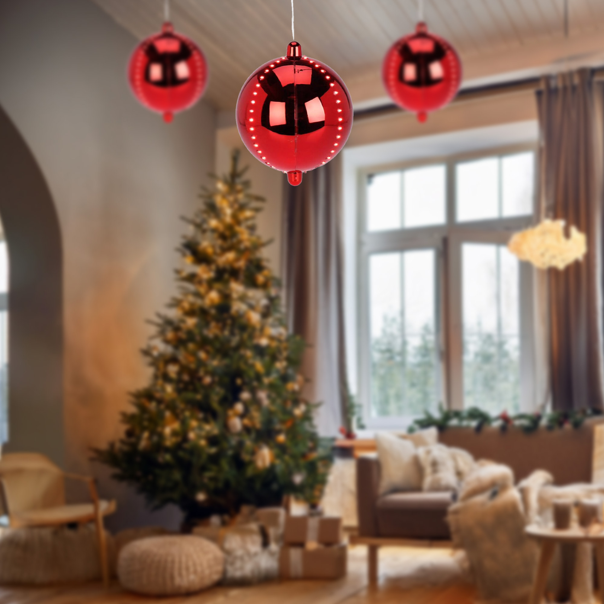 bola de navidad led con 4 tiras de luces 15cm color rojo