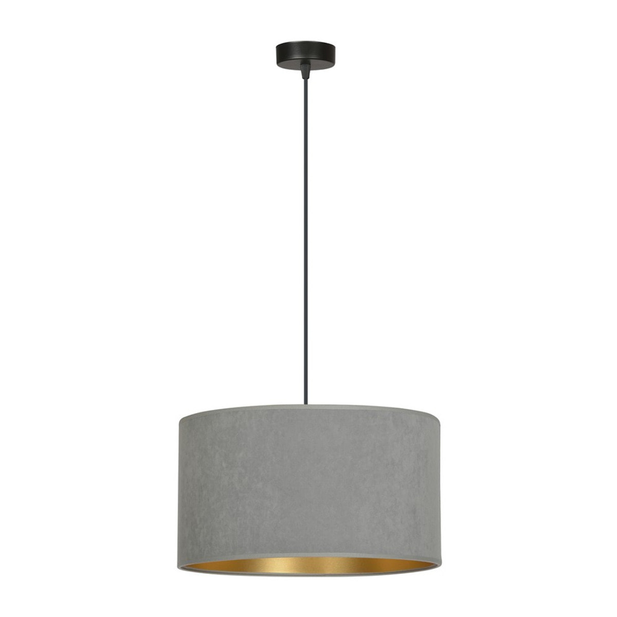 Lampada a sospensione Hilde con paralume in velluto grigio e interno oro
