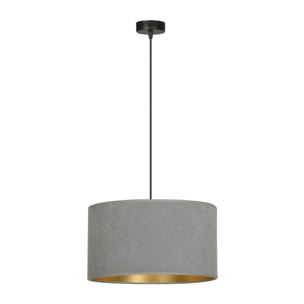 Lampada a sospensione Hilde con paralume in velluto grigio e interno oro
