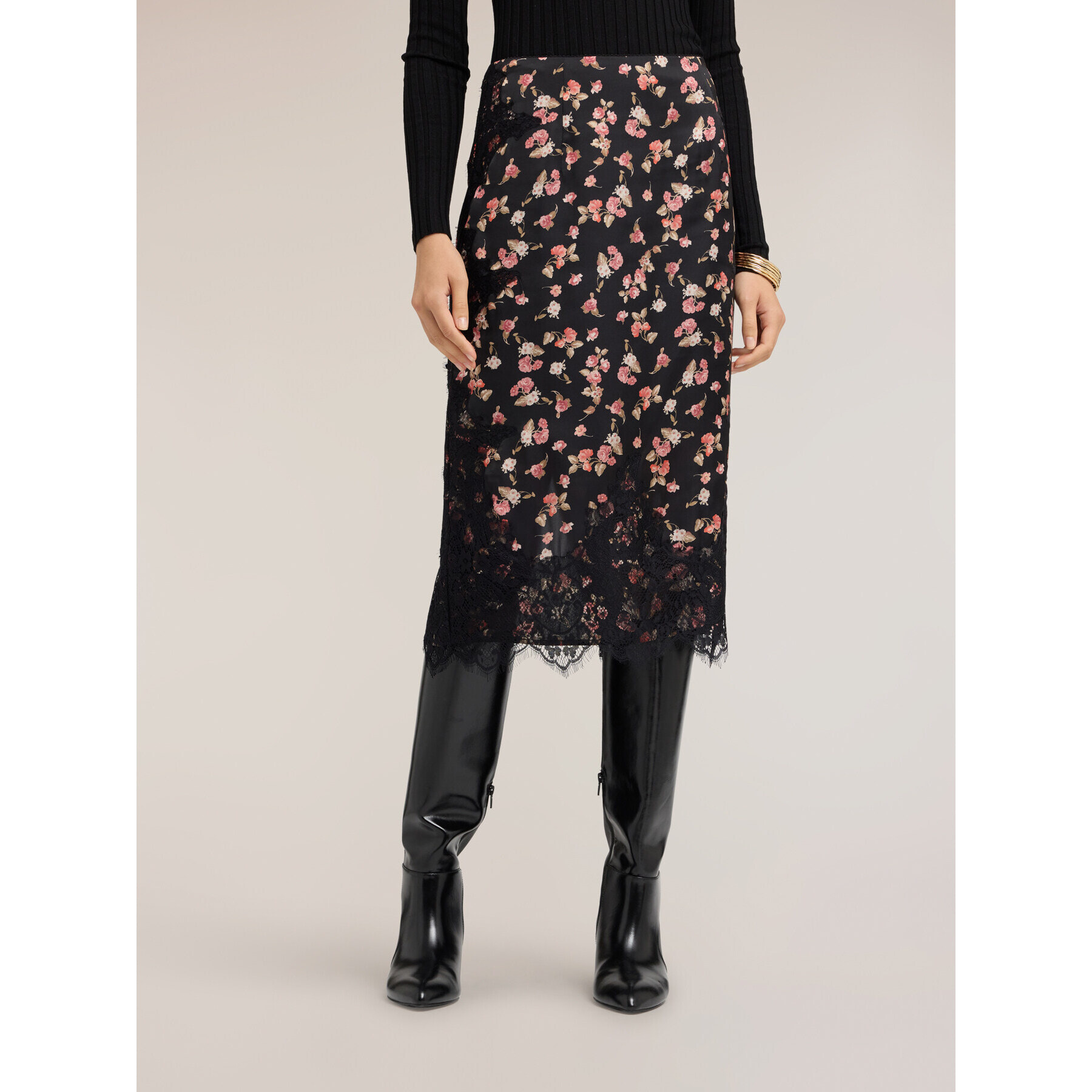 Motivi - Falda tubo de georgette con estampado floral y encaje - Negro