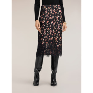 Motivi - Falda tubo de georgette con estampado floral y encaje - Negro