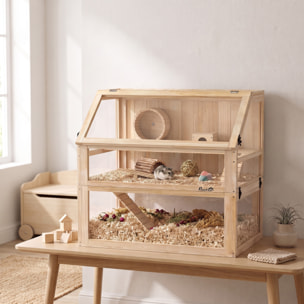 Jaula para Hámster de Madera 3 Niveles, Casa para Roedores Pequeños con Base Profundo Desmontable, Balancín, Rueda de Ejercicio, Rampas, Casita, Paneles Transparentes, Jerbos, Enanos, Natural