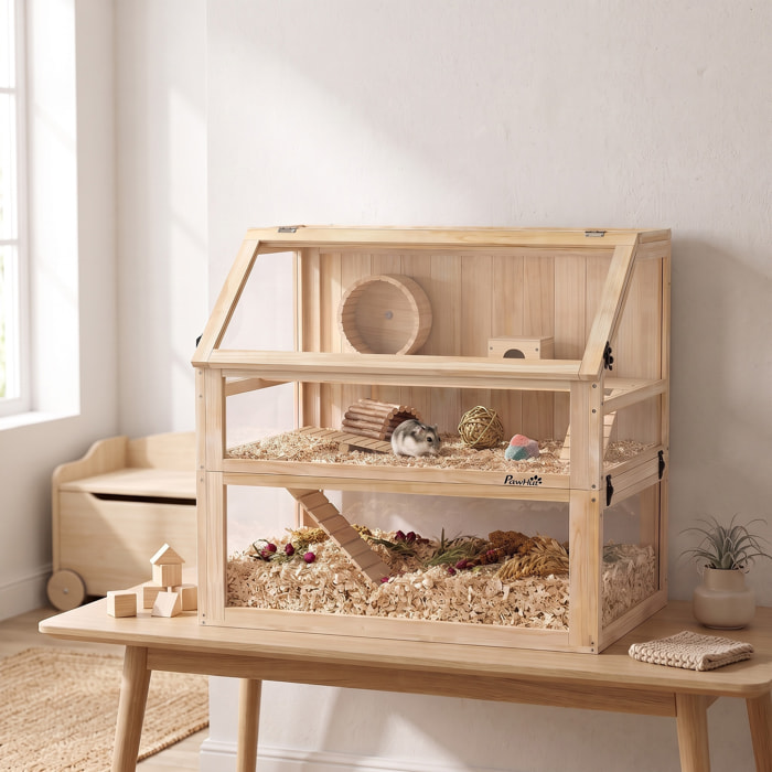 Jaula para Hámster de Madera 3 Niveles, Casa para Roedores Pequeños con Base Profundo Desmontable, Balancín, Rueda de Ejercicio, Rampas, Casita, Paneles Transparentes, Jerbos, Enanos, Natural