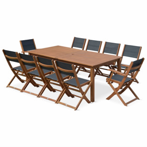 Salon de jardin en bois extensible - Almeria  table 200/250/300cm avec 2 rallonges. 2 fauteuils et 8 chaises. en bois d'Eucalyptus huilé et textilène gris anthracite