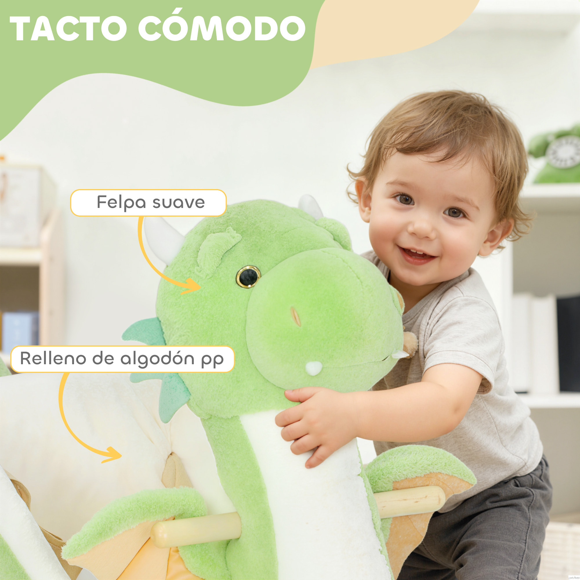 Caballito Balancín para Bebés con Sonido de Dragón, Caballo Balancín de Peluche con Base de Madera, Cinturón de Seguridad, para Niños de 18-36 Meses, Verde