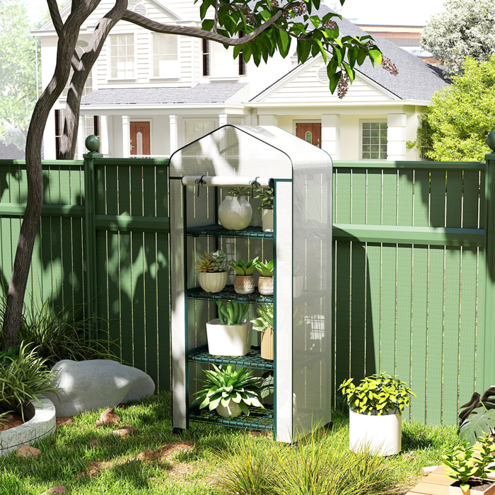 Invernadero de Exterior con 4 Estantes y Ruedas, Invernadero Pequeño con Puerta Enrollable, Marco de Acero y Cubierta de PE 140g/ãŽ¡, Anti-UV para Plantas, Macetas, Flores, 69x50x165 cm, Blanco