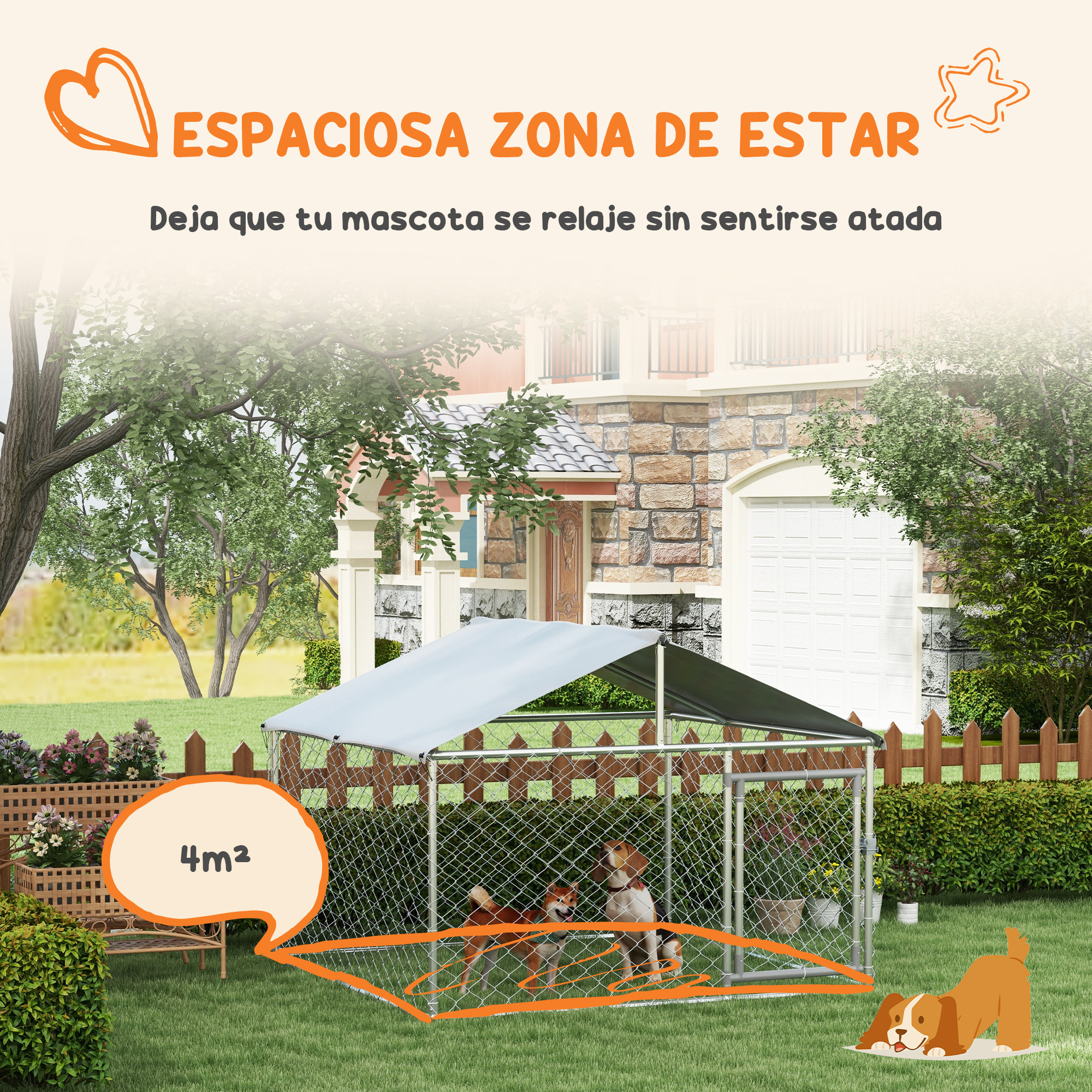 Perrera Jaula de Exterior para Perros Medianos Parque para Perros con Cerradura Marco de Acero Toldo Impermeable y Anti-UV 200x200x150 cm Plata