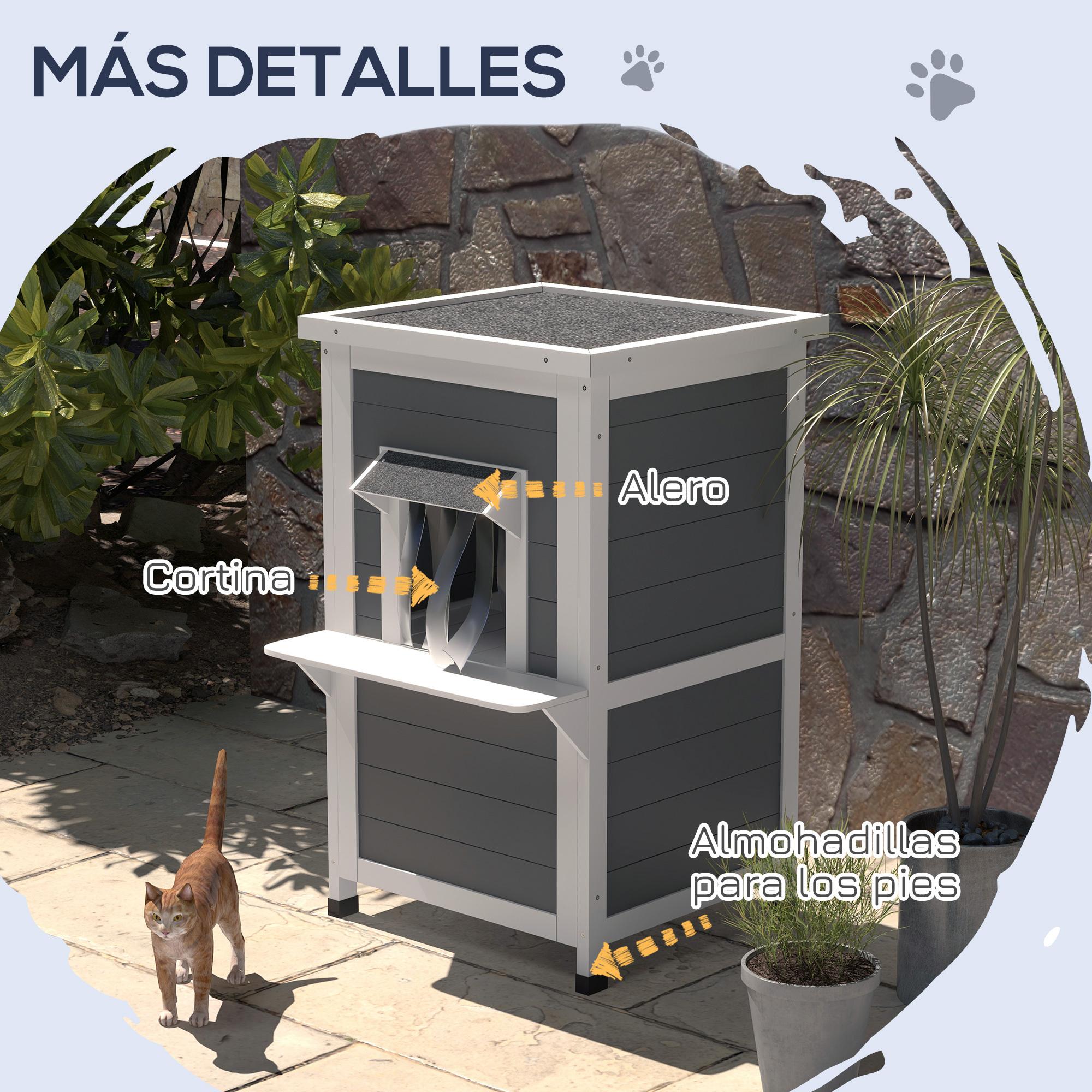 Caseta para Gatos de Madera 60x60x81,5 cm Casa para Gatos Refugio para Gatos de 2 Niveles con Cueva Cortina de Puerta Aleros Impermeables y Terraza Gris y Blanco