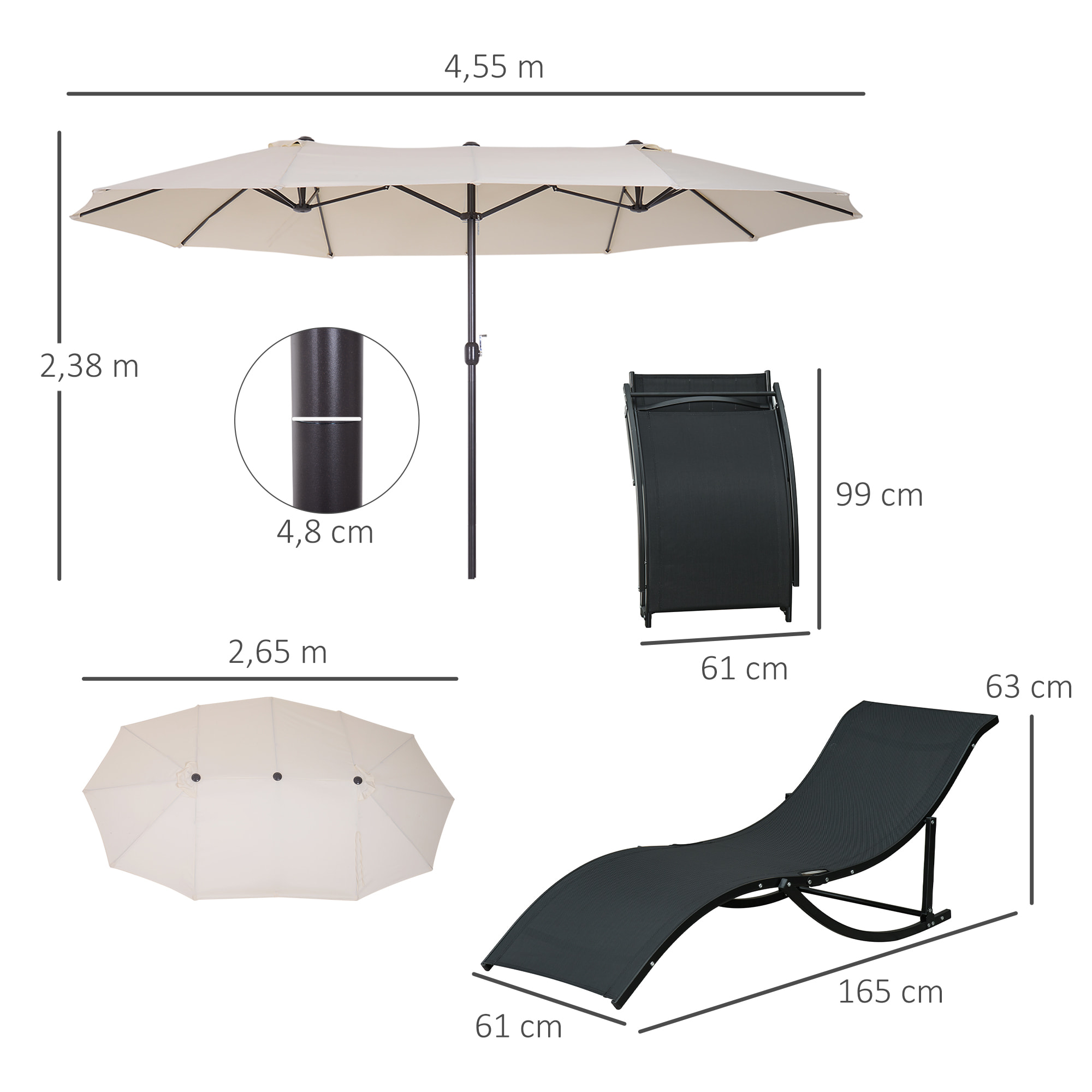 Conjunto de Sombrilla Doble y 2 Tumbonas Plegables en Forma de S para Piscina Patio Jardín Terraza 4,55x2,65x2,38 m 165x61x63 cm Beige y Negro