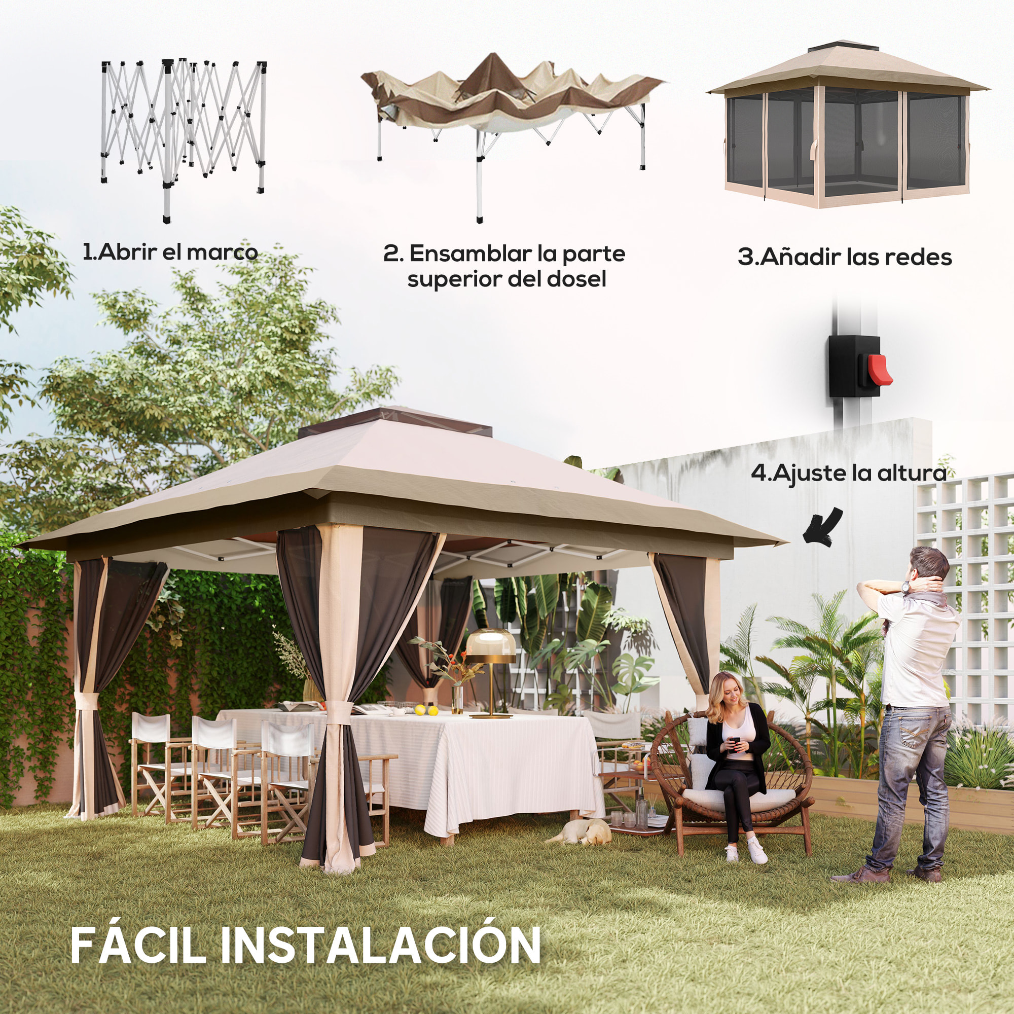Carpa Plegable Gazebo, 3,6x3,6 m, Cenador Plegable con 4 Paredes Laterales de Malla, Anti-UV, Altura Ajustable, Bolsa de Arena y Bolsa de Transporte, para Camping, Fiestas, Beige