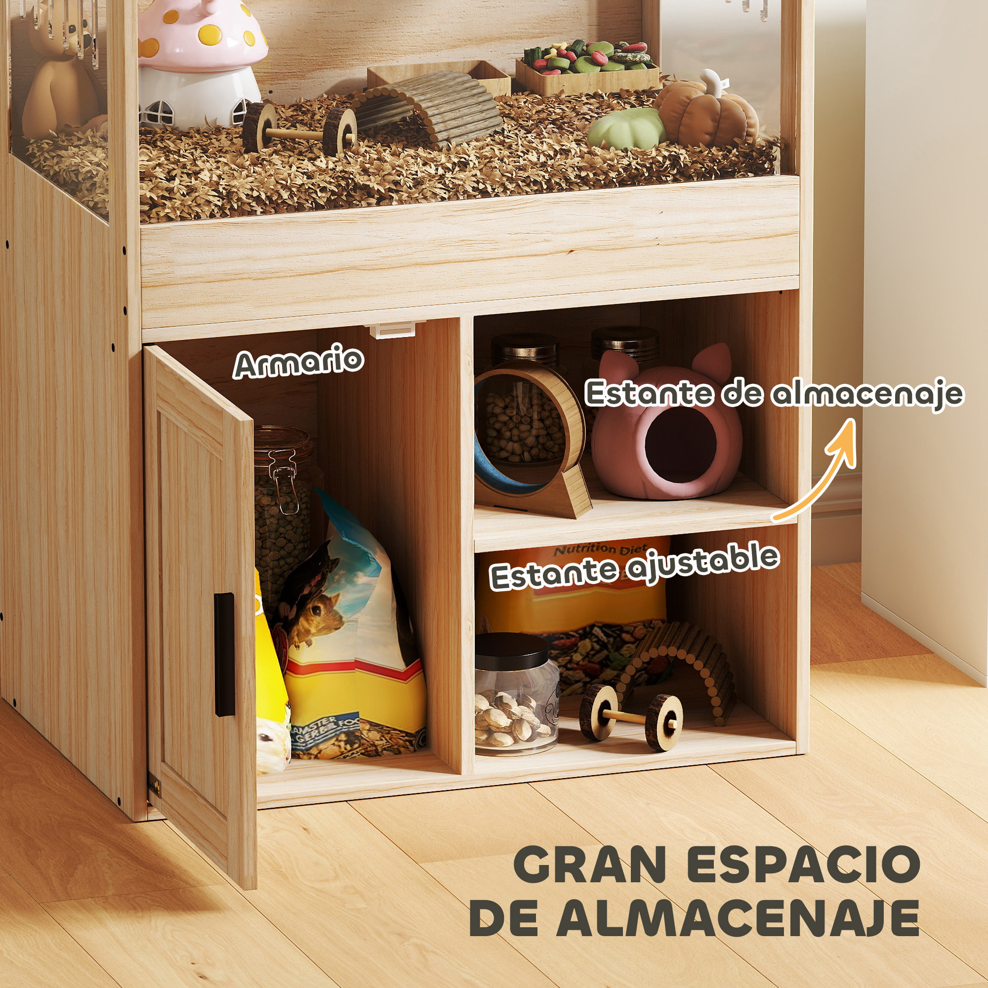 Jaula para Hámster con Espacio de Almacenaje Casa para Hámster con Paneles Acrílicos Visibles Estante Ajustable para Jerbo 60x40x82,5 cm Natural