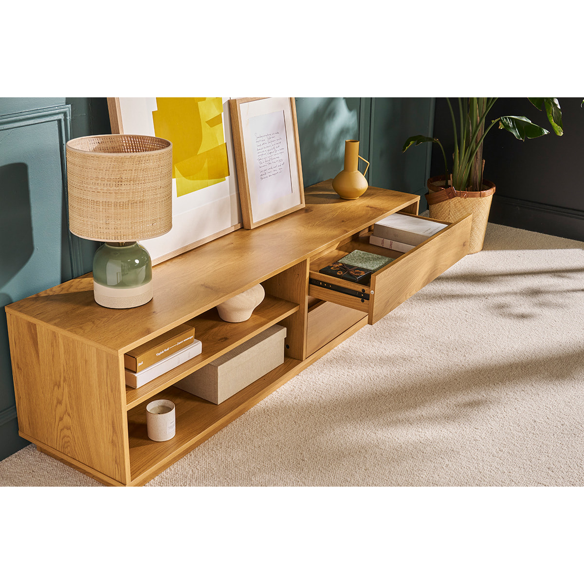 Meuble TV finition bois clair chêne 2 tiroirs L160 cm MADERO