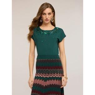 Motivi - Camiseta con bordado de lentejuelas - Verde