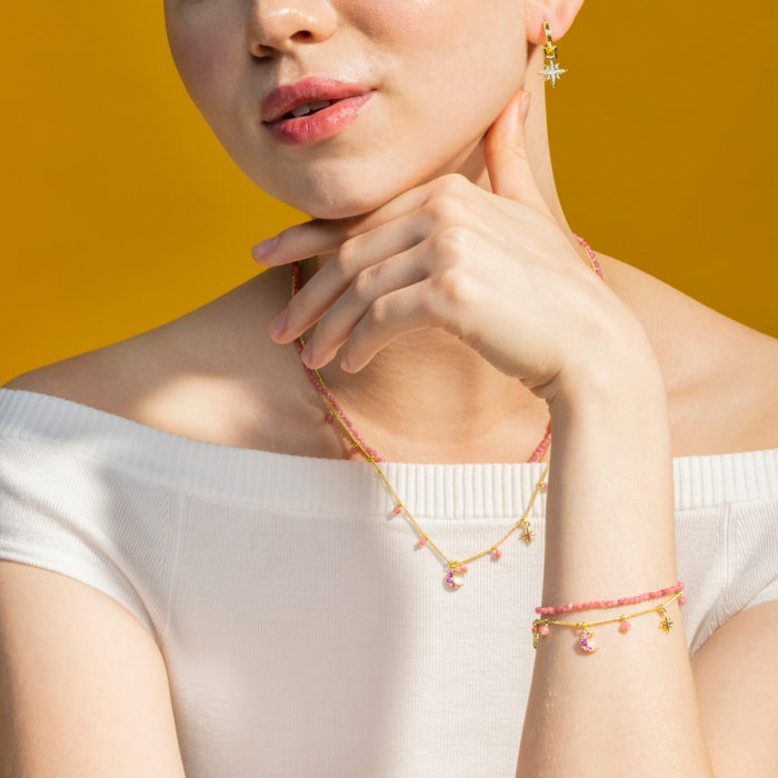 Pulsera con Cristal Rosa acabado oro 18k