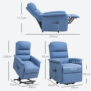 Fauteuil de relaxation électrique télécommande - fauteuil releveur inclinable, repose-pied ajustable - tissu polyester aspect lin bleu