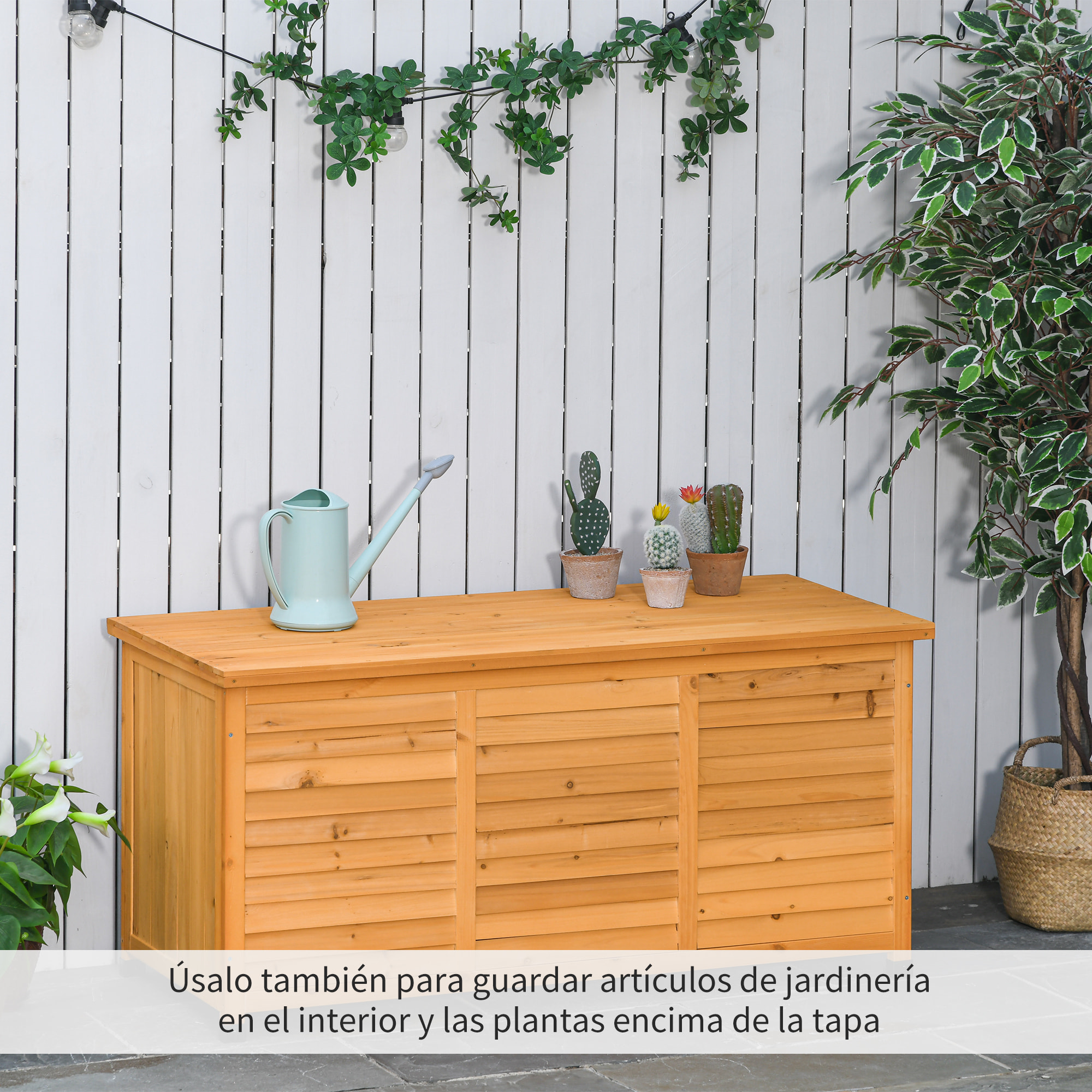 Baúl de Almacenaje Exterior 284L Arcón de Jardín de Madera Impermeable con Tapa Abrible y Diseño Persiana 127x56x60 cm Natural