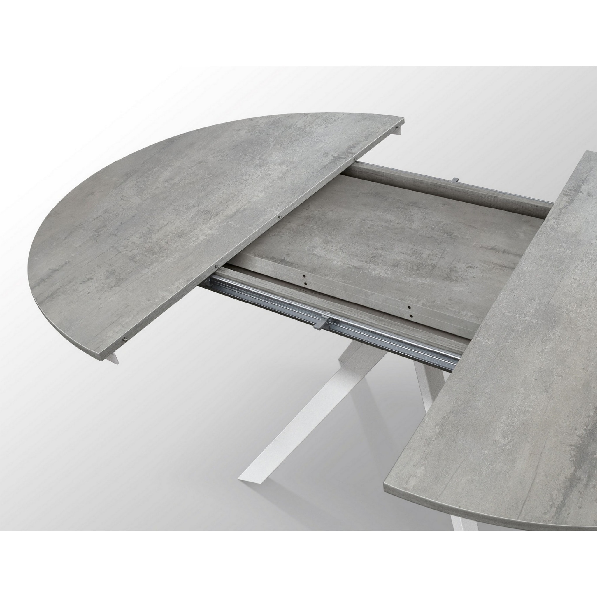 Tavolo rotondo PANTELLERIA in legno effetto grigio cemento con gambe incrociate in metallo bianco, allungabile ⌀120 cm - ⌀170 cm