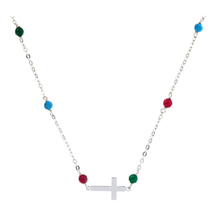 Collana Catena Rolo con Howlite e Quarzite Multicolore e Pendente Croce Argentato in Argento 925 placcato Rodio