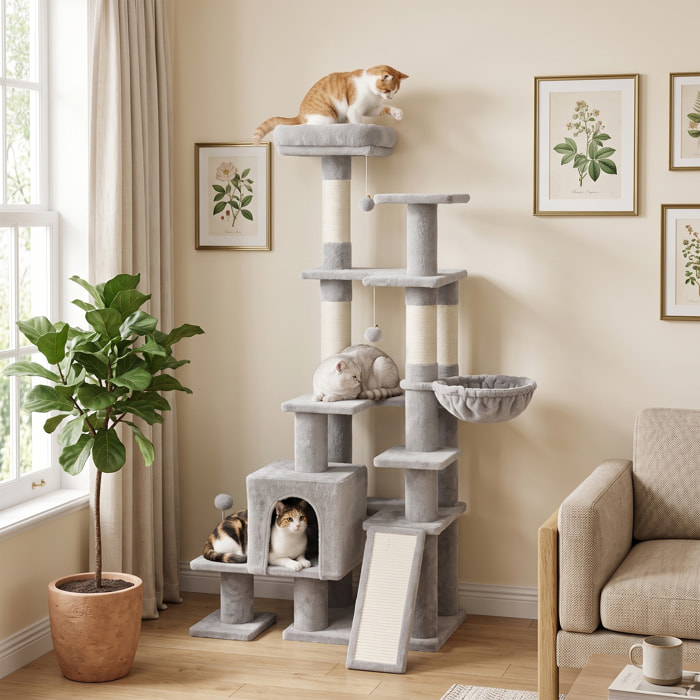 Arbre à chat 5 niv. H.152 cm multi-équipé gris clair
