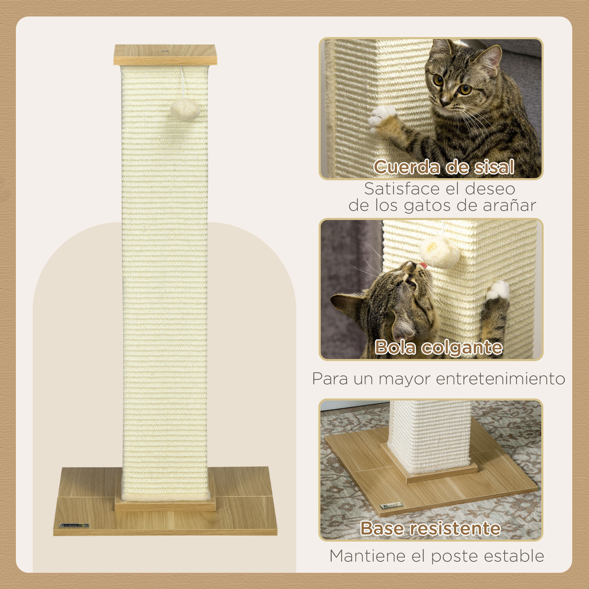 Poste Rascador para Gatos con Poste de Sisal y Bola Colgante 38x38x80 cm Roble