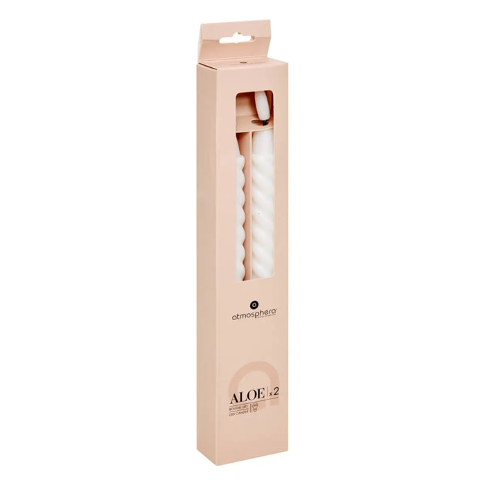Lot de 2 bougies bâton LED twist Aloe H.22cm blanc