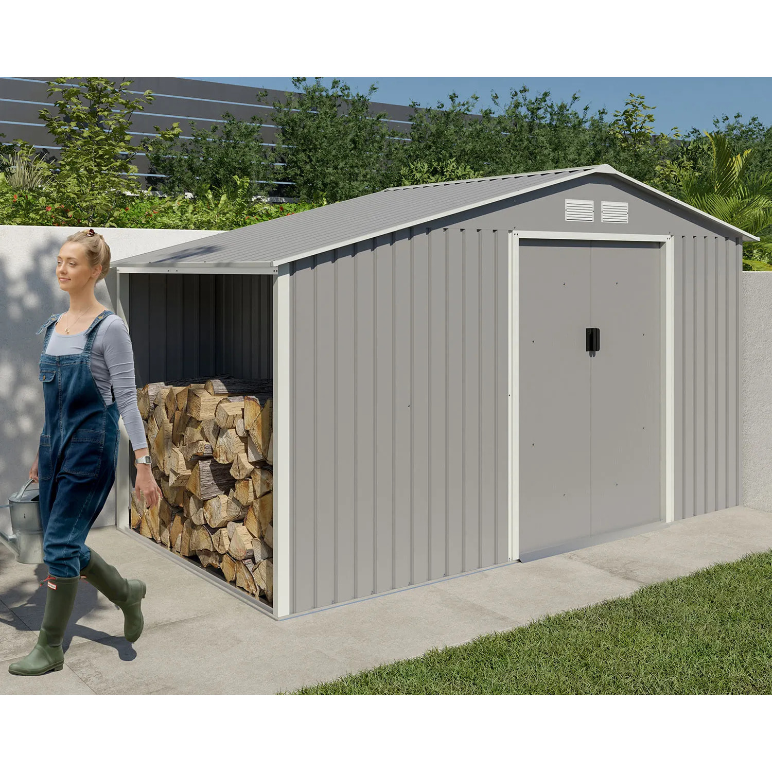 Abri de jardin métal gris châtaigne avec bûcher 6 m² + kit d'ancrage