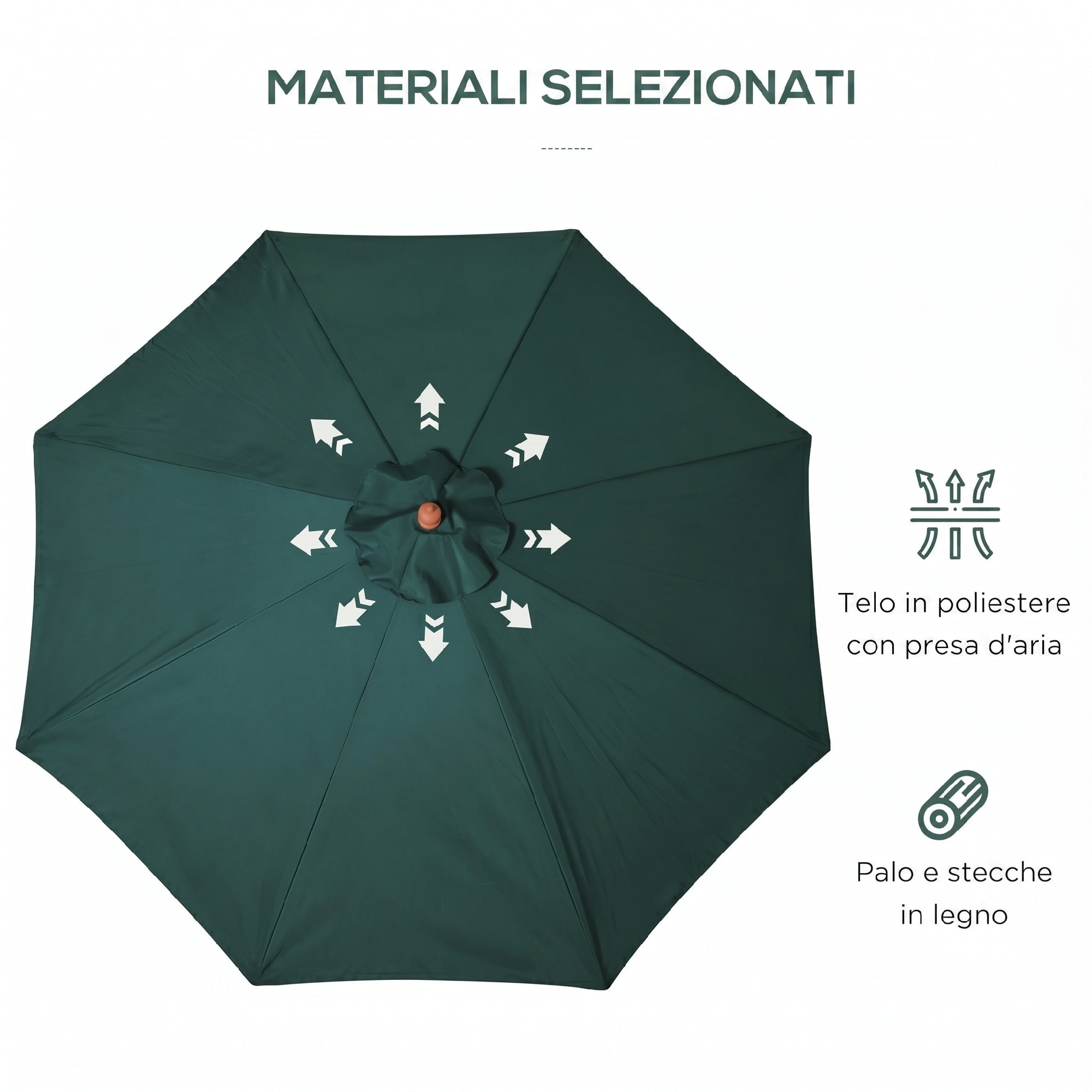 Outsunny Sombrilla Ø300x250 cm Parasol con Poste de Madera con Sistema de Poleas de 8 Varillas con Fijación para Jardín Patio Terraza Verde